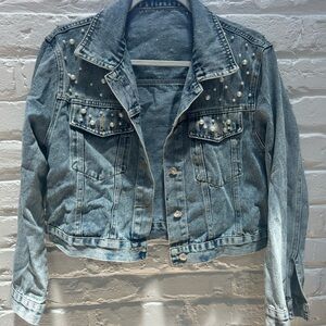 Denim Pearl-Embellished Jacket